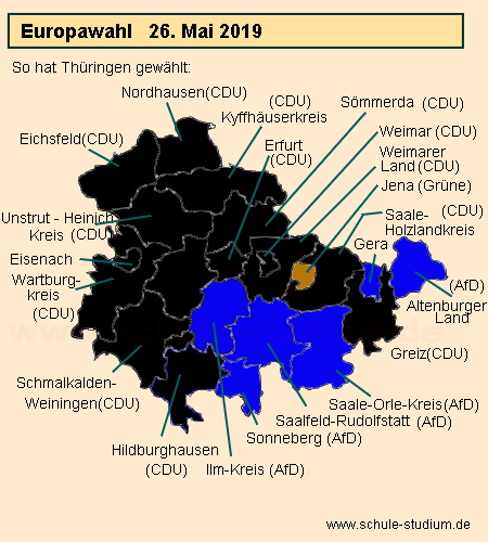 Europawahl 2019. Von der AfD gewonnene Wahlbezirke in Thringen