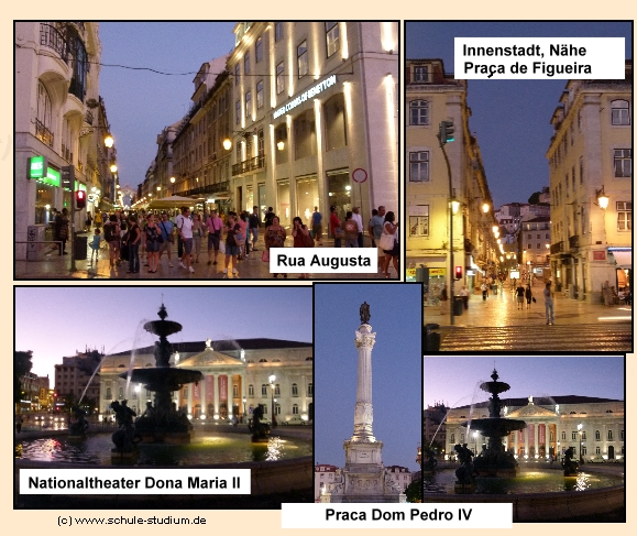 Lissabon am Abend. Rua Augusta. Praca Dom Pedro IV