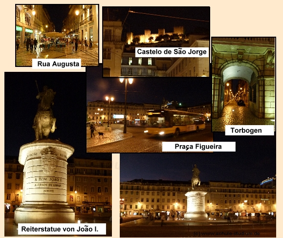 Lissabon am Abend. Rua Augusta. Praca Dom Pedro IV