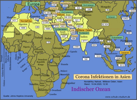 Corona Infektionen in Nordafrika, Vorder-,Zentral- und Ostasien