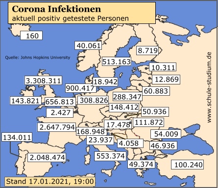 Corona Infektionen EU Länder, 17. Januar 2021 Corona Pandemie. Infektionen in der EU