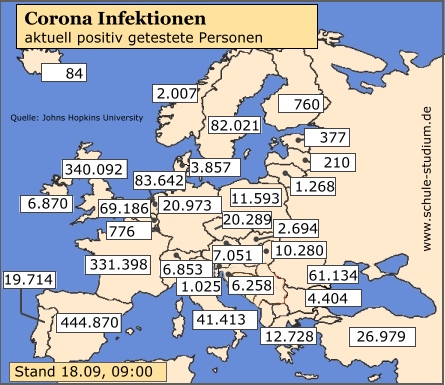 Corona Infektionen EU Länder, 18. September Corona Pandemie. Infektionen in der EU